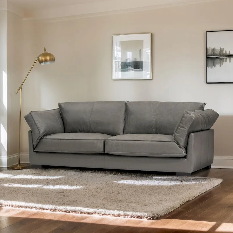 Mid-Century Modern 89.76 Inch Genuine Leather Sofa, 3-Seater Couch for Living Room, Bedroom, Office - Graphite