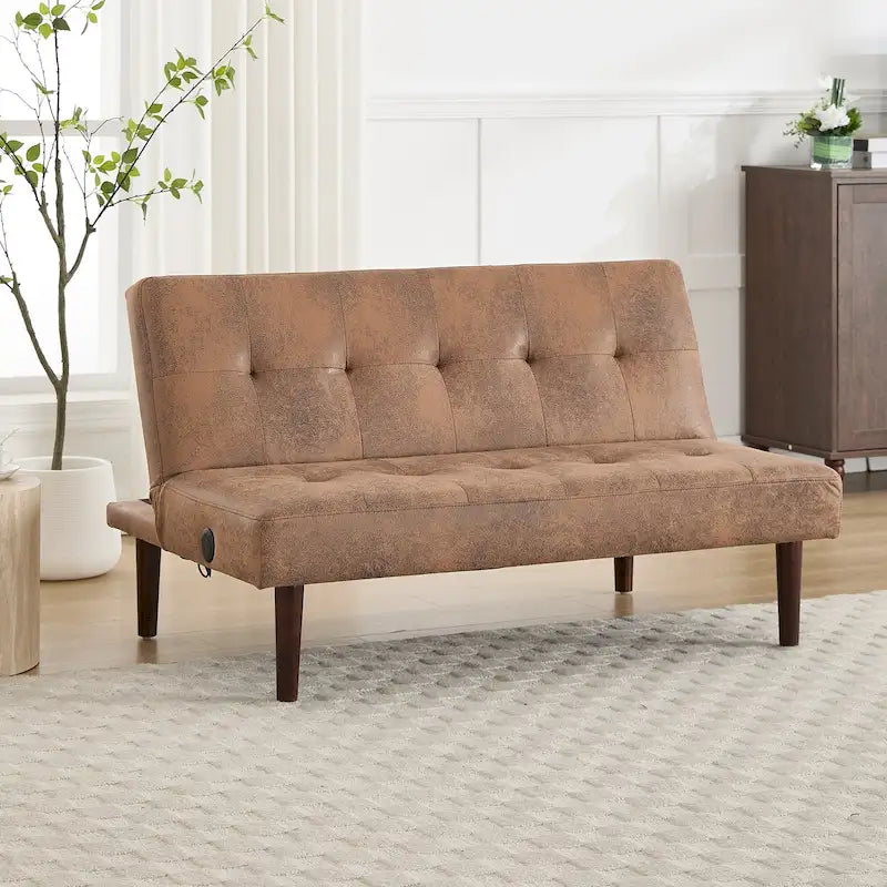 45" Mini Folding Futon Sofa Bed with Adjustable Backrest & Charging Port
