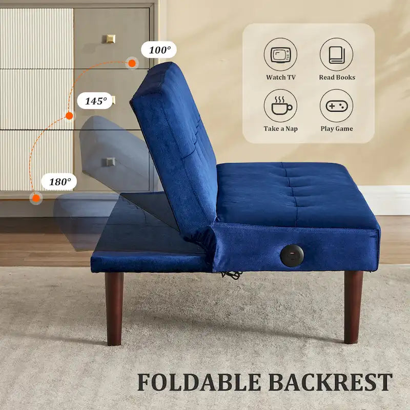 45" Mini Folding Futon Sofa Bed with Adjustable Backrest & Charging Port