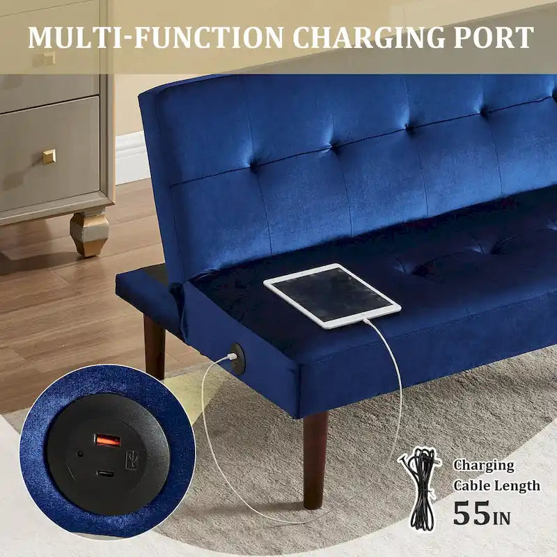 45" Mini Folding Futon Sofa Bed with Adjustable Backrest & Charging Port