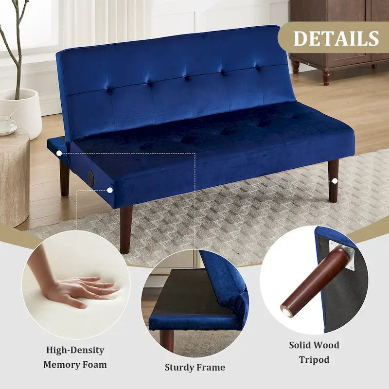 45" Mini Folding Futon Sofa Bed with Adjustable Backrest & Charging Port