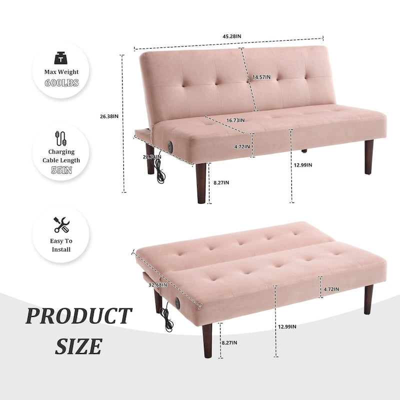 45" Mini Folding Futon Sofa Bed with Adjustable Backrest & Charging Port