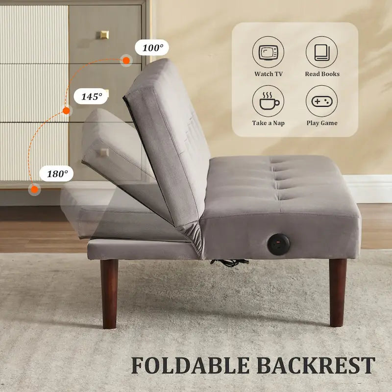 45" Mini Folding Futon Sofa Bed with Adjustable Backrest & Charging Port