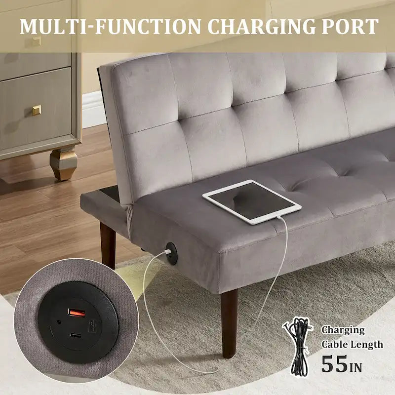 45" Mini Folding Futon Sofa Bed with Adjustable Backrest & Charging Port