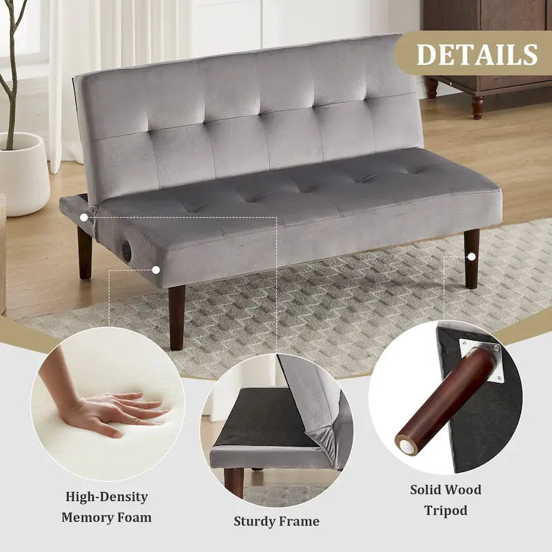 45" Mini Folding Futon Sofa Bed with Adjustable Backrest & Charging Port