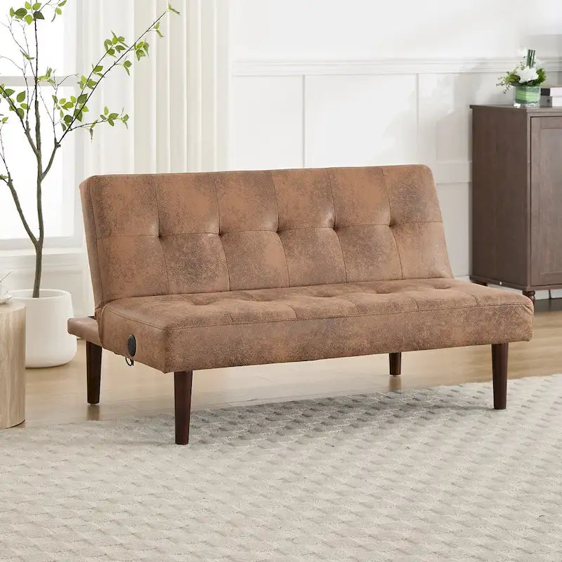 45" Mini Folding Futon Sofa Bed with Adjustable Backrest & Charging Port