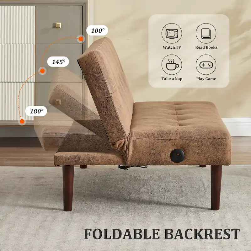 45" Mini Folding Futon Sofa Bed with Adjustable Backrest & Charging Port