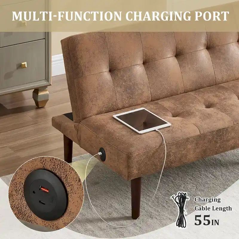 45" Mini Folding Futon Sofa Bed with Adjustable Backrest & Charging Port