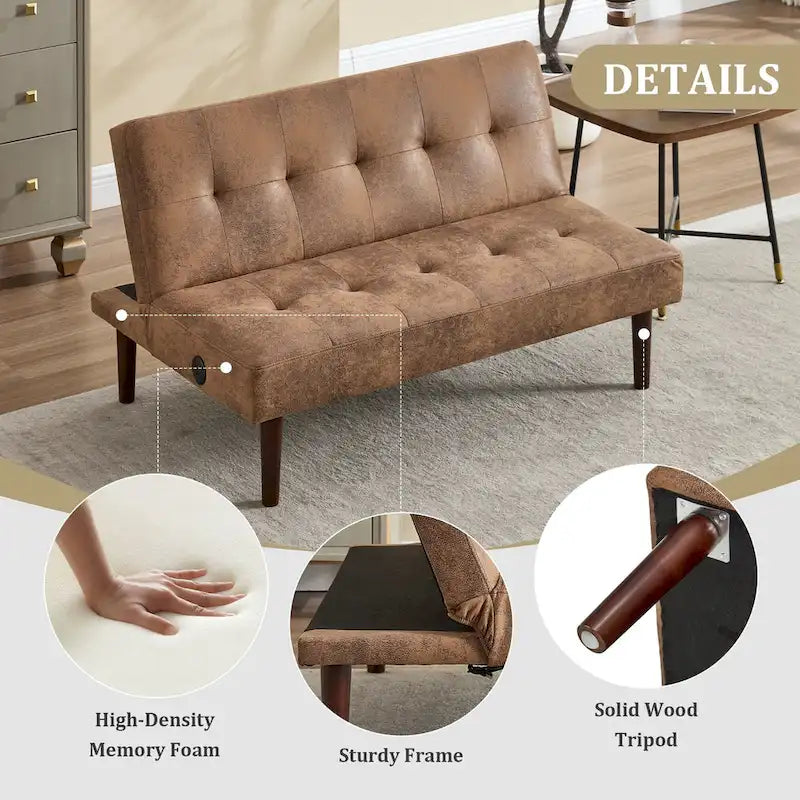 45" Mini Folding Futon Sofa Bed with Adjustable Backrest & Charging Port