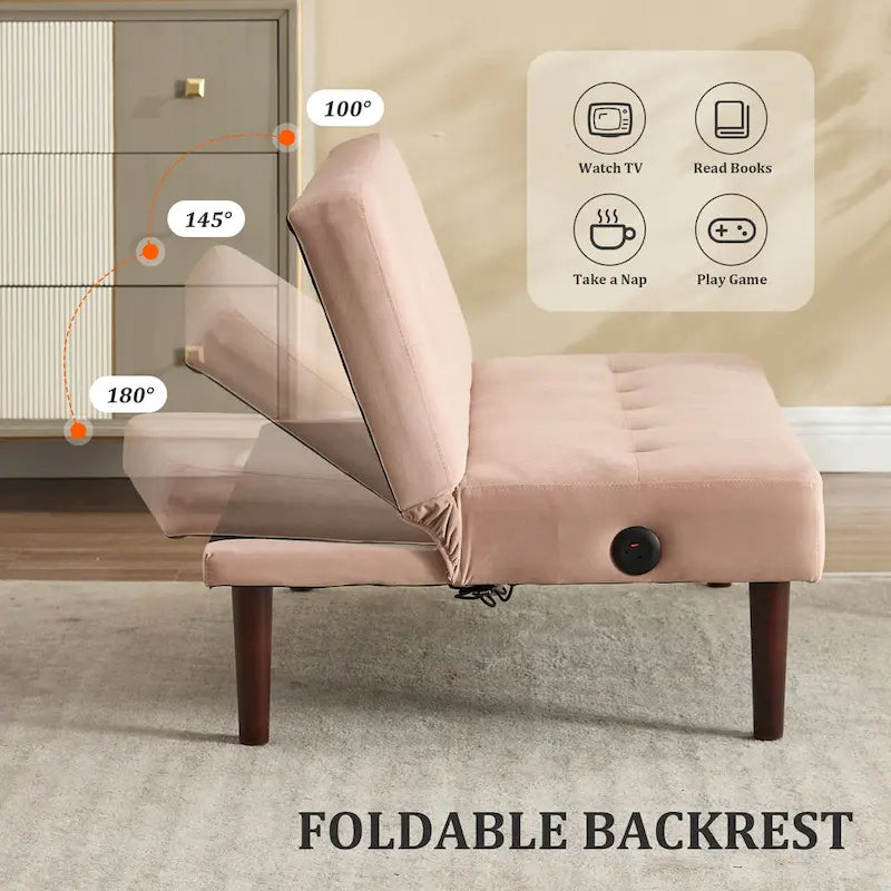 45" Mini Folding Futon Sofa Bed with Adjustable Backrest & Charging Port