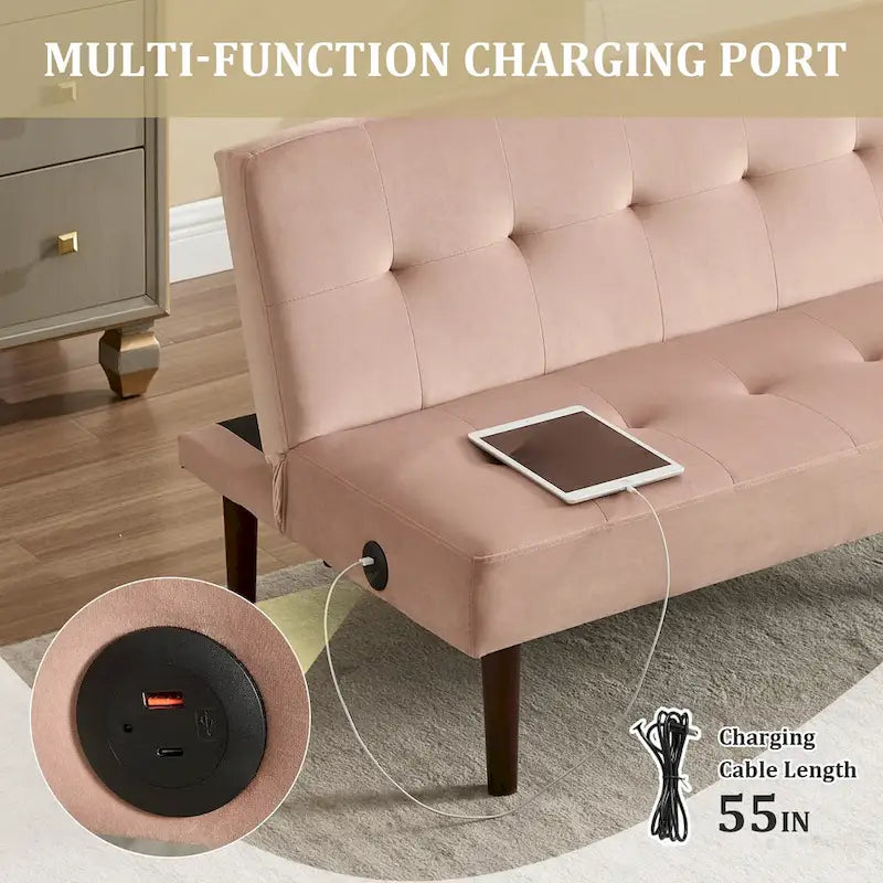 45" Mini Folding Futon Sofa Bed with Adjustable Backrest & Charging Port