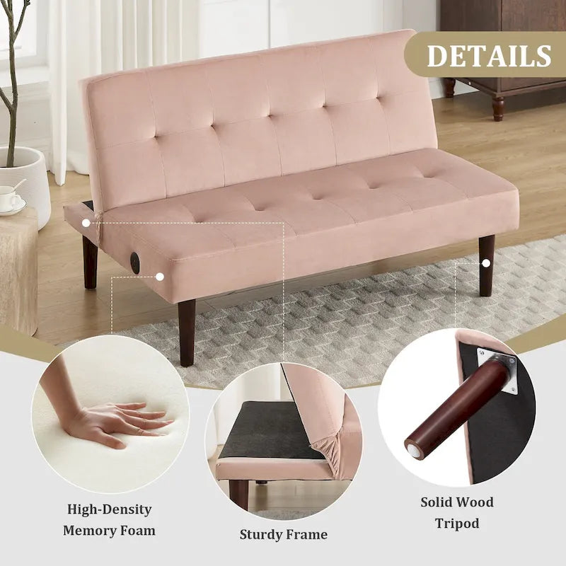 45" Mini Folding Futon Sofa Bed with Adjustable Backrest & Charging Port