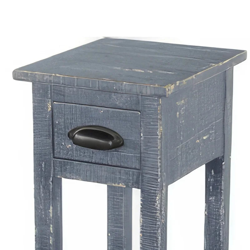 Chairside Table with Drawer and Shelf, 14 Inch Ocean Blue Mahogany