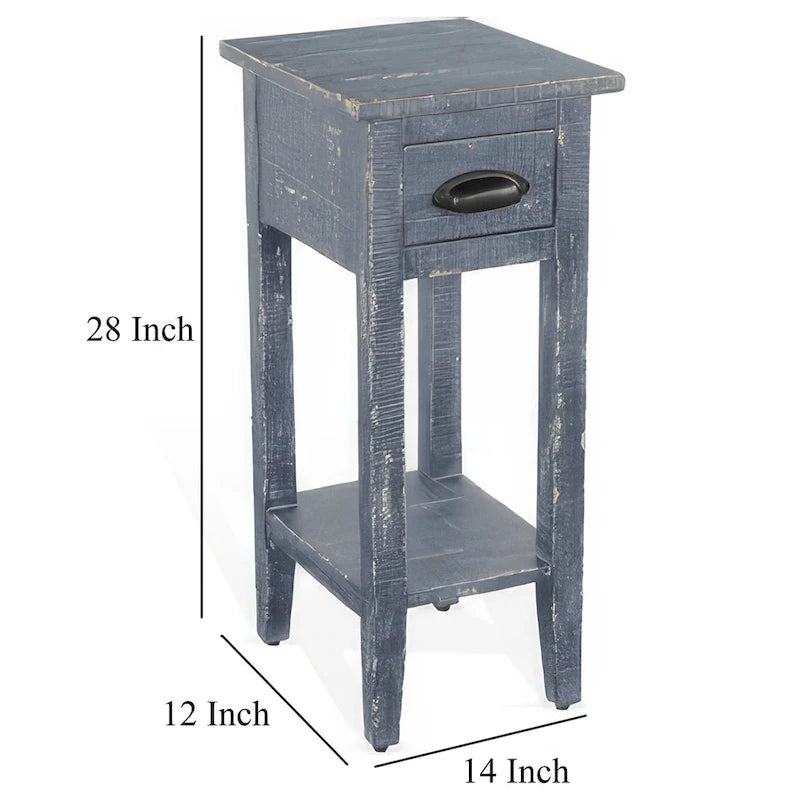 Chairside Table with Drawer and Shelf, 14 Inch Ocean Blue Mahogany