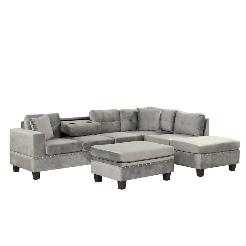 Modern L-Shape Sectional Sofa with Storage Ottoman, Reversible Chaise, Two Pillows, and Cup Holder