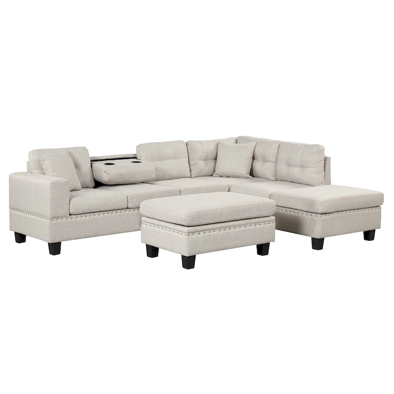 Modern L-Shape Sectional Sofa with Storage Ottoman, Reversible Chaise, Two Pillows, and Cup Holder