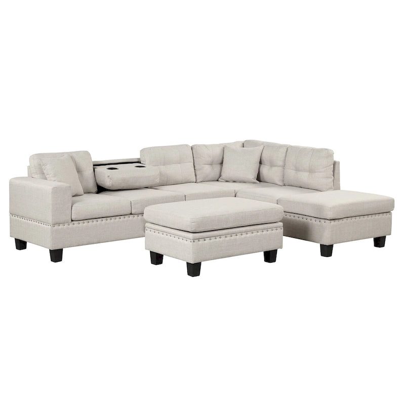 Modern L-Shape Sectional Sofa with Storage Ottoman, Reversible Chaise, Two Pillows, and Cup Holder