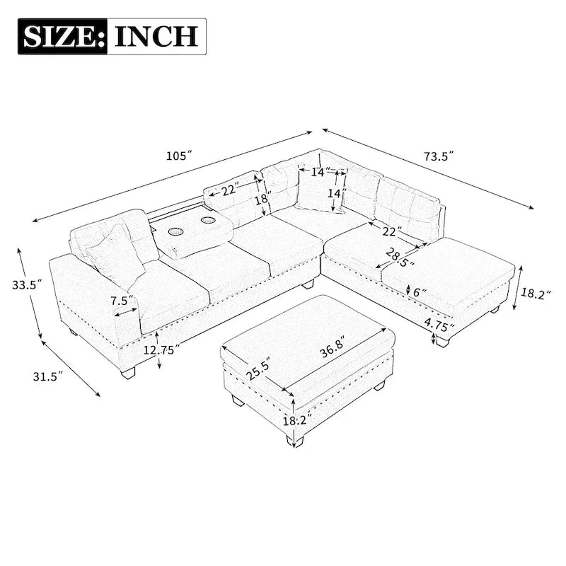 Modern L-Shape Sectional Sofa with Storage Ottoman, Reversible Chaise, Two Pillows, and Cup Holder