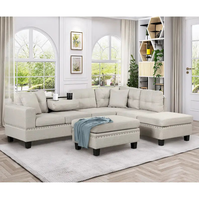 Modern L-Shape Sectional Sofa with Storage Ottoman, Reversible Chaise, Two Pillows, and Cup Holder