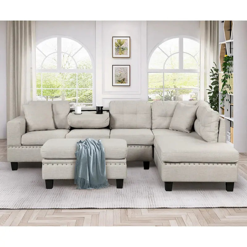 Modern L-Shape Sectional Sofa with Storage Ottoman, Reversible Chaise, Two Pillows, and Cup Holder