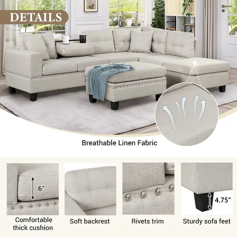Modern L-Shape Sectional Sofa with Storage Ottoman, Reversible Chaise, Two Pillows, and Cup Holder