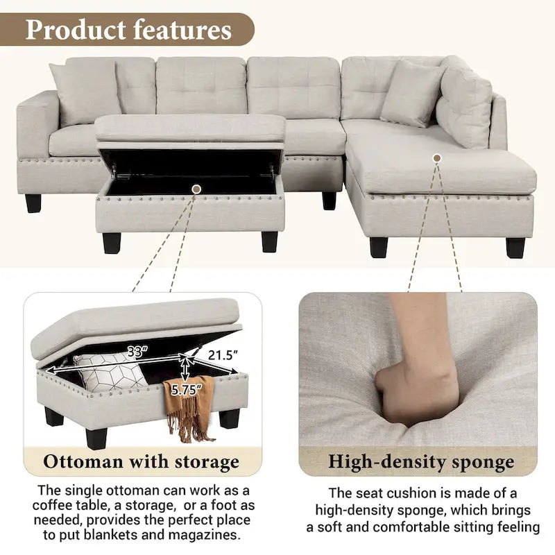 Modern L-Shape Sectional Sofa with Storage Ottoman, Reversible Chaise, Two Pillows, and Cup Holder