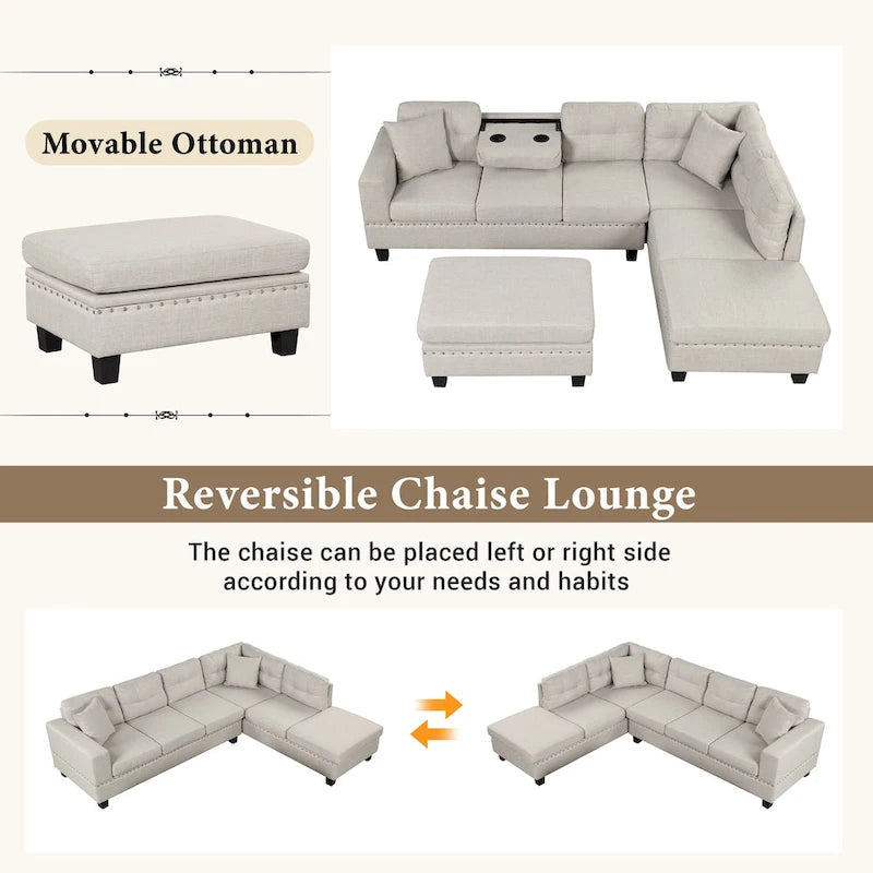 Modern L-Shape Sectional Sofa with Storage Ottoman, Reversible Chaise, Two Pillows, and Cup Holder