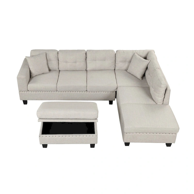Modern L-Shape Sectional Sofa with Storage Ottoman, Reversible Chaise, Two Pillows, and Cup Holder
