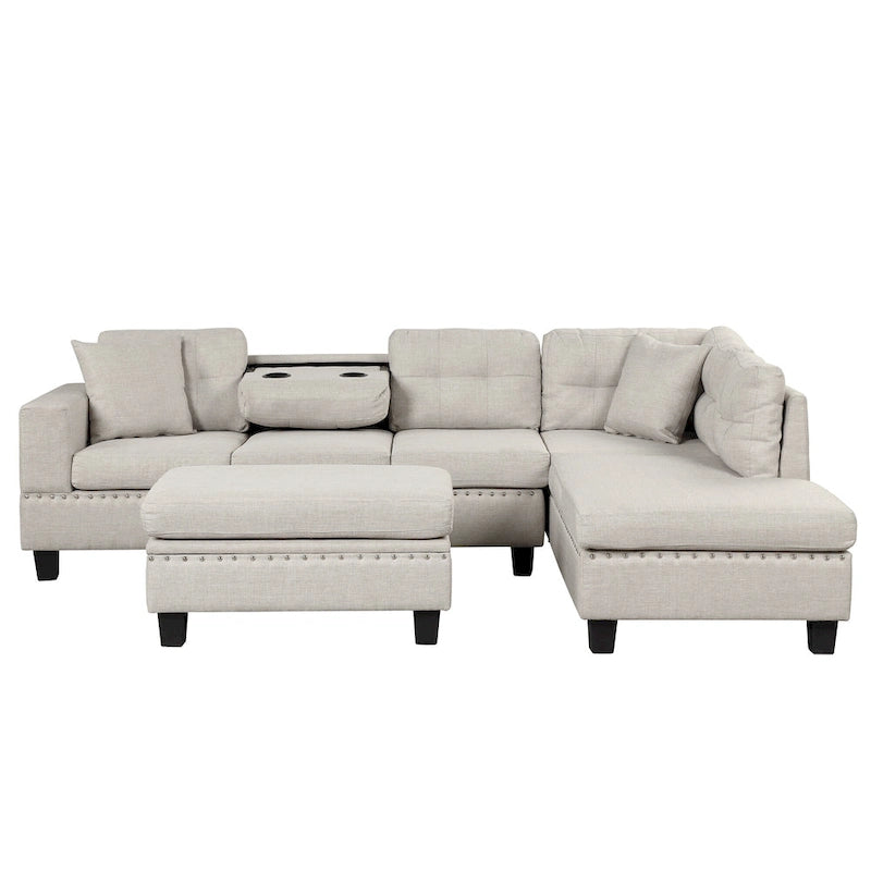 Modern L-Shape Sectional Sofa with Storage Ottoman, Reversible Chaise, Two Pillows, and Cup Holder