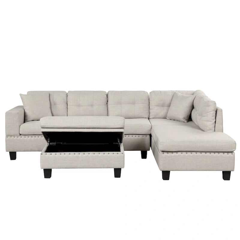 Modern L-Shape Sectional Sofa with Storage Ottoman, Reversible Chaise, Two Pillows, and Cup Holder
