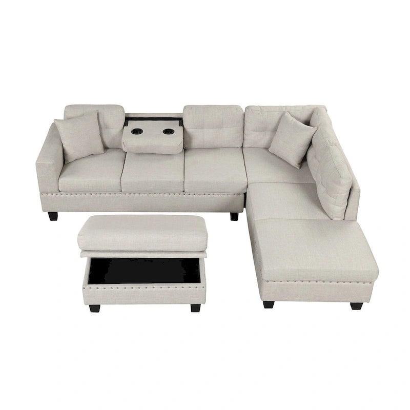 Modern L-Shape Sectional Sofa with Storage Ottoman, Reversible Chaise, Two Pillows, and Cup Holder