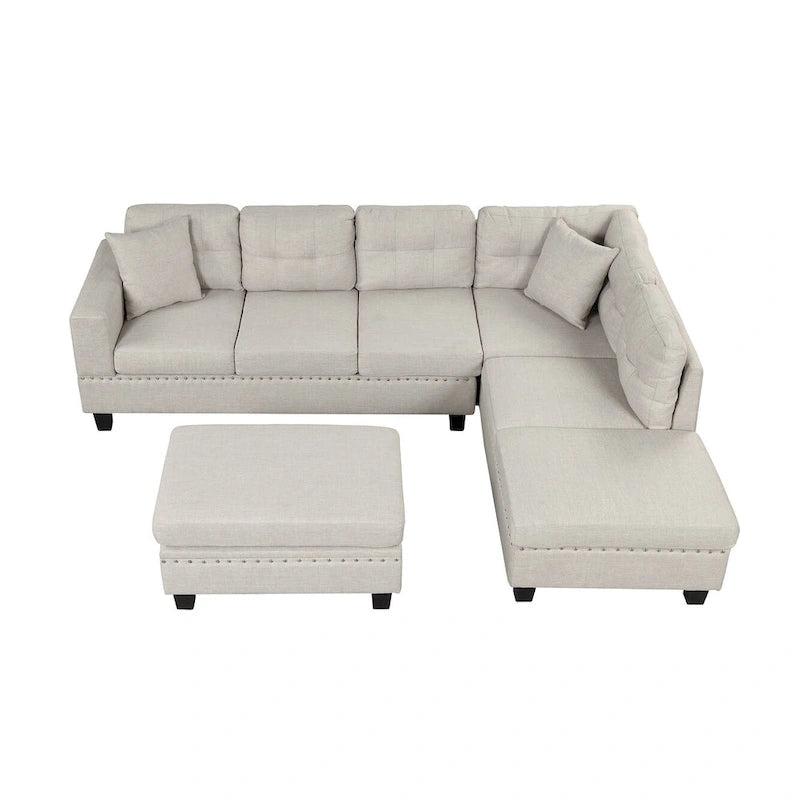 Modern L-Shape Sectional Sofa with Storage Ottoman, Reversible Chaise, Two Pillows, and Cup Holder