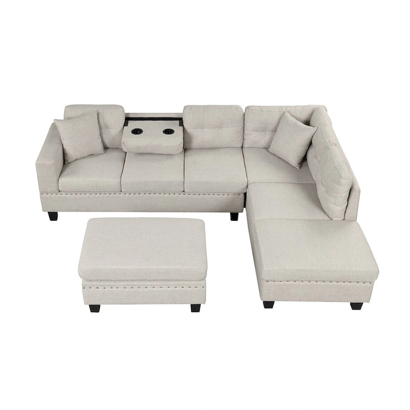 Modern L-Shape Sectional Sofa with Storage Ottoman, Reversible Chaise, Two Pillows, and Cup Holder