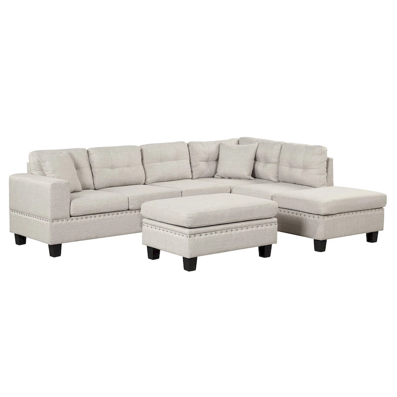 Modern L-Shape Sectional Sofa with Storage Ottoman, Reversible Chaise, Two Pillows, and Cup Holder