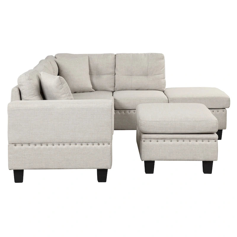 Modern L-Shape Sectional Sofa with Storage Ottoman, Reversible Chaise, Two Pillows, and Cup Holder