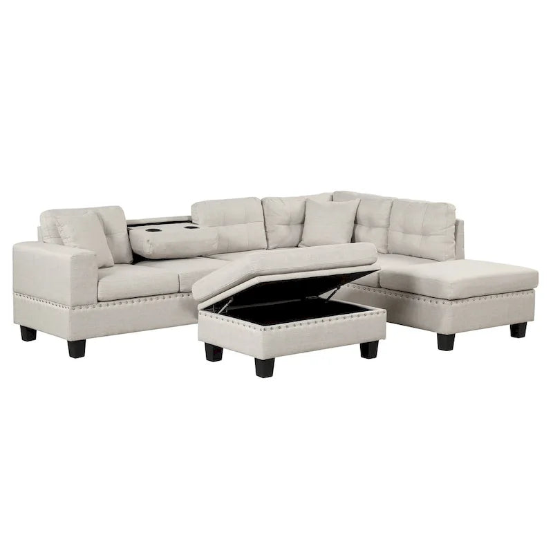 Modern L-Shape Sectional Sofa with Storage Ottoman, Reversible Chaise, Two Pillows, and Cup Holder