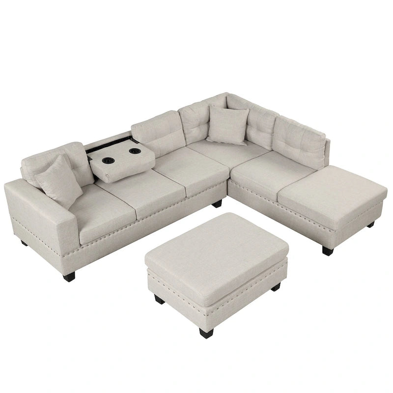 Modern L-Shape Sectional Sofa with Storage Ottoman, Reversible Chaise, Two Pillows, and Cup Holder
