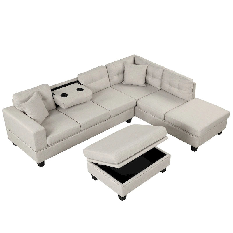 Modern L-Shape Sectional Sofa with Storage Ottoman, Reversible Chaise, Two Pillows, and Cup Holder