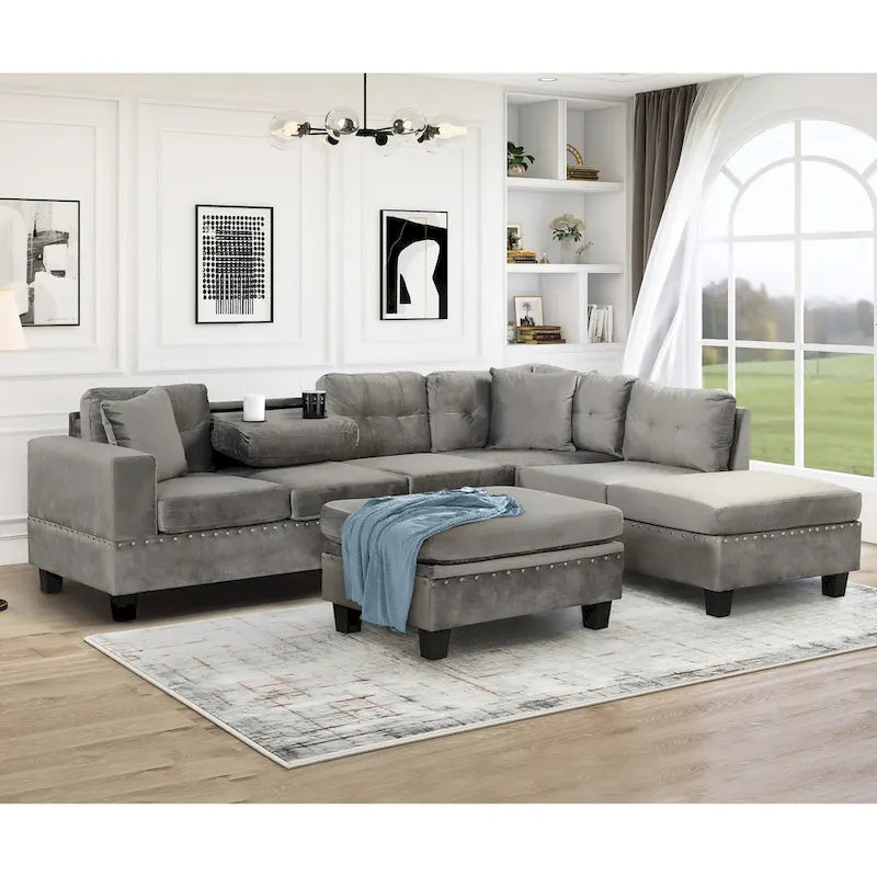 Modern L-Shape Sectional Sofa with Storage Ottoman, Reversible Chaise, Two Pillows, and Cup Holder