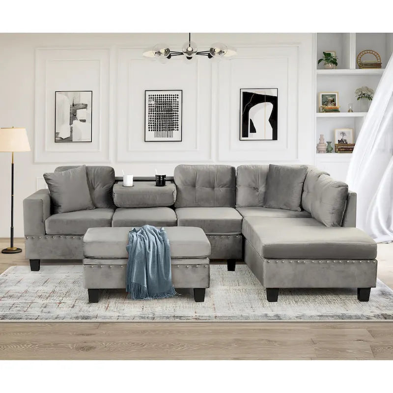 Modern L-Shape Sectional Sofa with Storage Ottoman, Reversible Chaise, Two Pillows, and Cup Holder