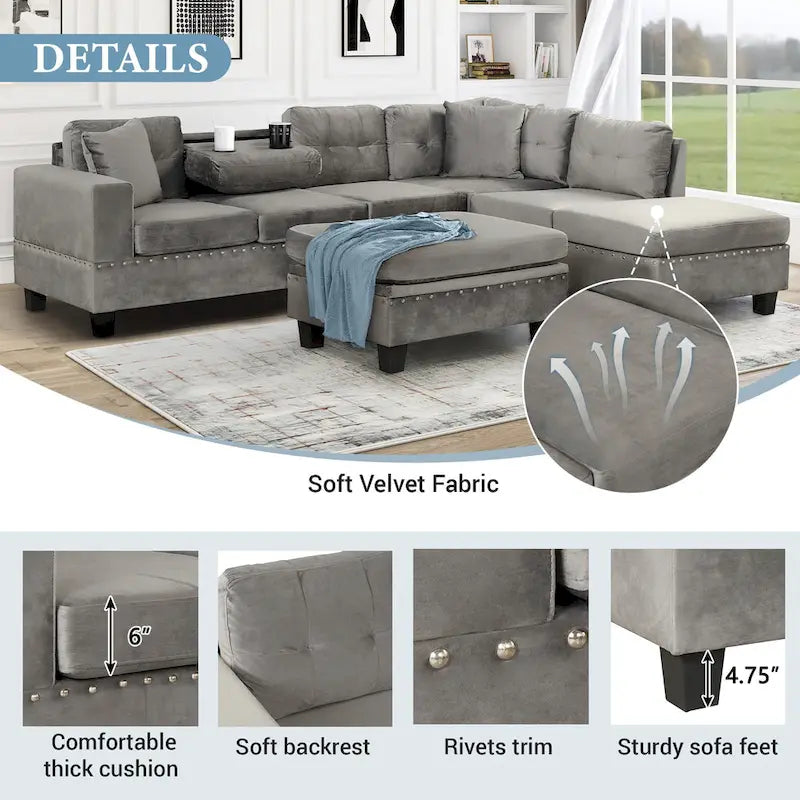Modern L-Shape Sectional Sofa with Storage Ottoman, Reversible Chaise, Two Pillows, and Cup Holder