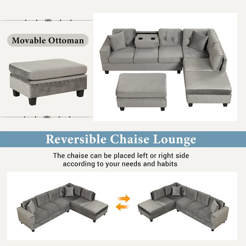 Modern L-Shape Sectional Sofa with Storage Ottoman, Reversible Chaise, Two Pillows, and Cup Holder