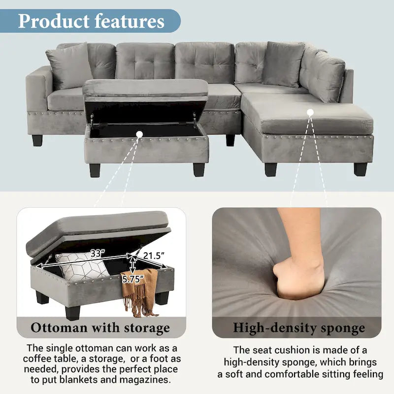 Modern L-Shape Sectional Sofa with Storage Ottoman, Reversible Chaise, Two Pillows, and Cup Holder