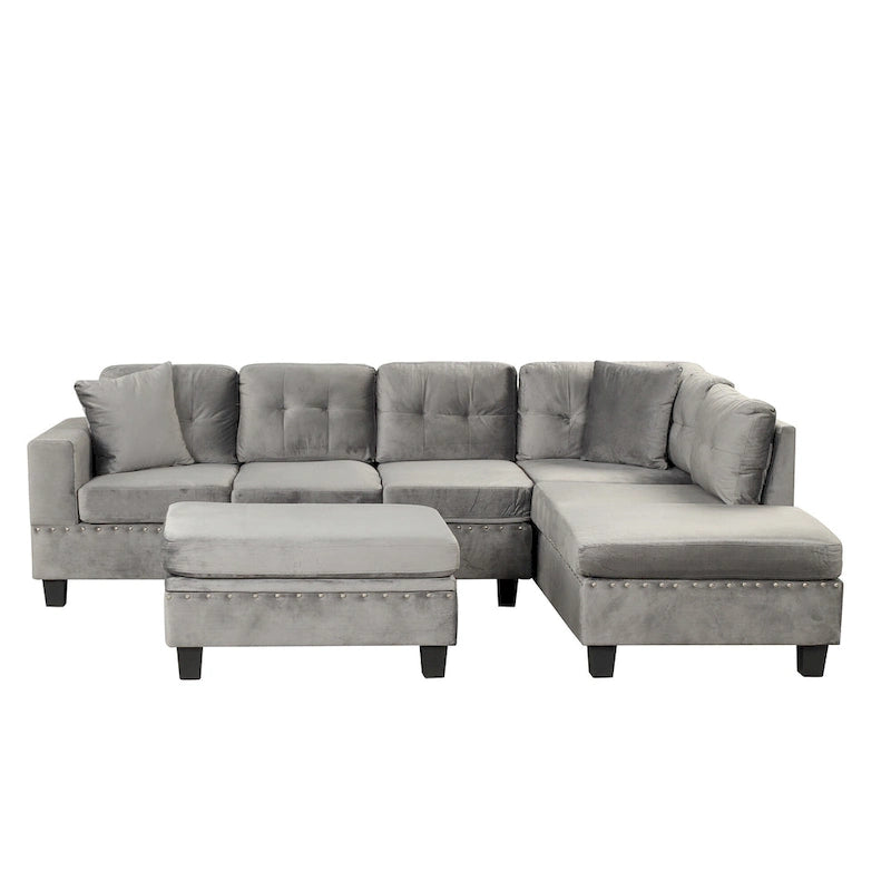 Modern L-Shape Sectional Sofa with Storage Ottoman, Reversible Chaise, Two Pillows, and Cup Holder