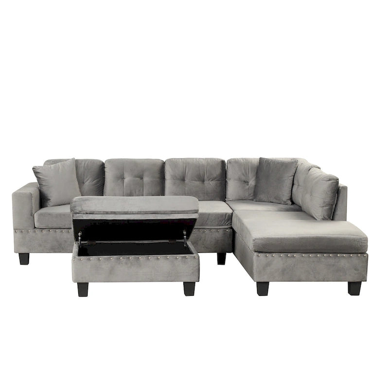 Modern L-Shape Sectional Sofa with Storage Ottoman, Reversible Chaise, Two Pillows, and Cup Holder