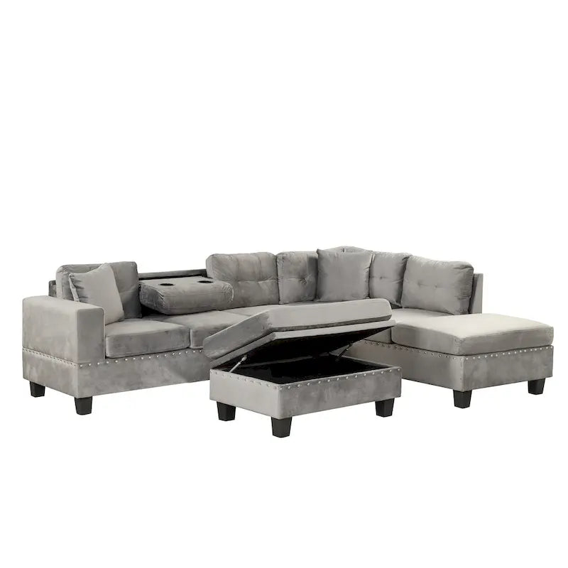 Modern L-Shape Sectional Sofa with Storage Ottoman, Reversible Chaise, Two Pillows, and Cup Holder