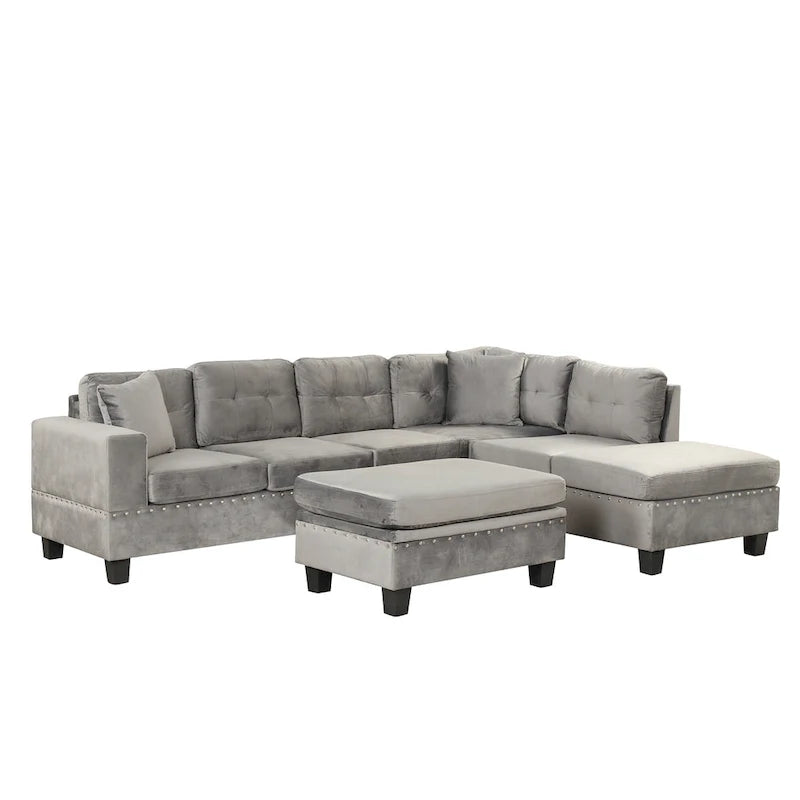 Modern L-Shape Sectional Sofa with Storage Ottoman, Reversible Chaise, Two Pillows, and Cup Holder