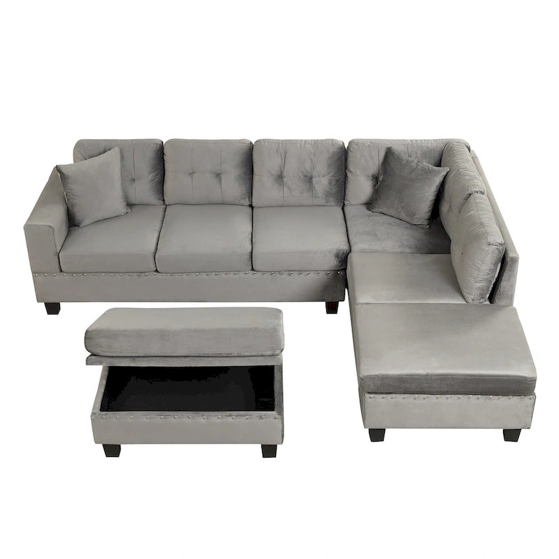 Modern L-Shape Sectional Sofa with Storage Ottoman, Reversible Chaise, Two Pillows, and Cup Holder