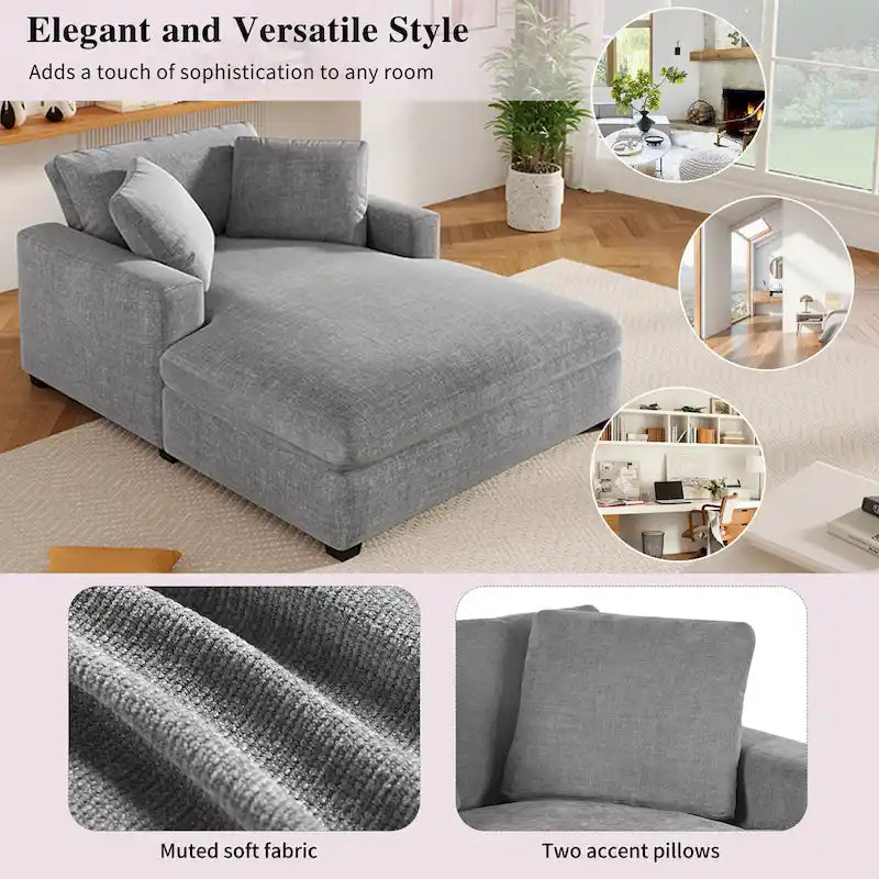 Gray Modern 53.5 Chaise Lounge Chair with Solid Wood Legs and Pillows for Living Room