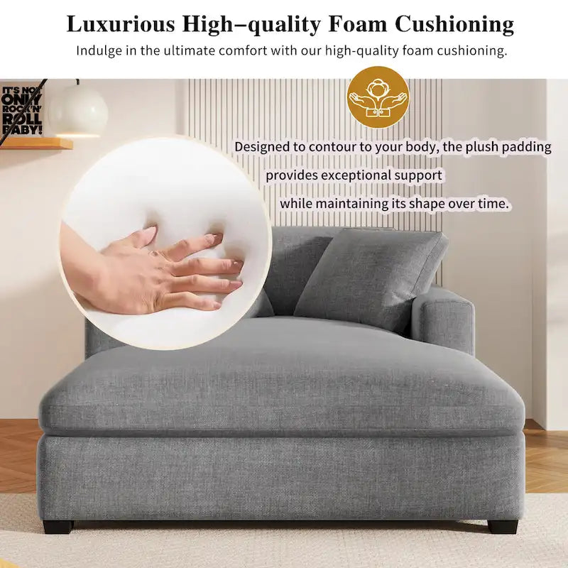 Gray Modern 53.5 Chaise Lounge Chair with Solid Wood Legs and Pillows for Living Room